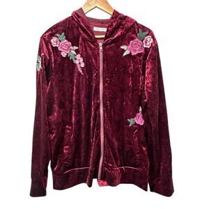 Standard Grace Crushed Velvet Hoodie XL Burgundy Floral Embroidered Zip‎ Jacket